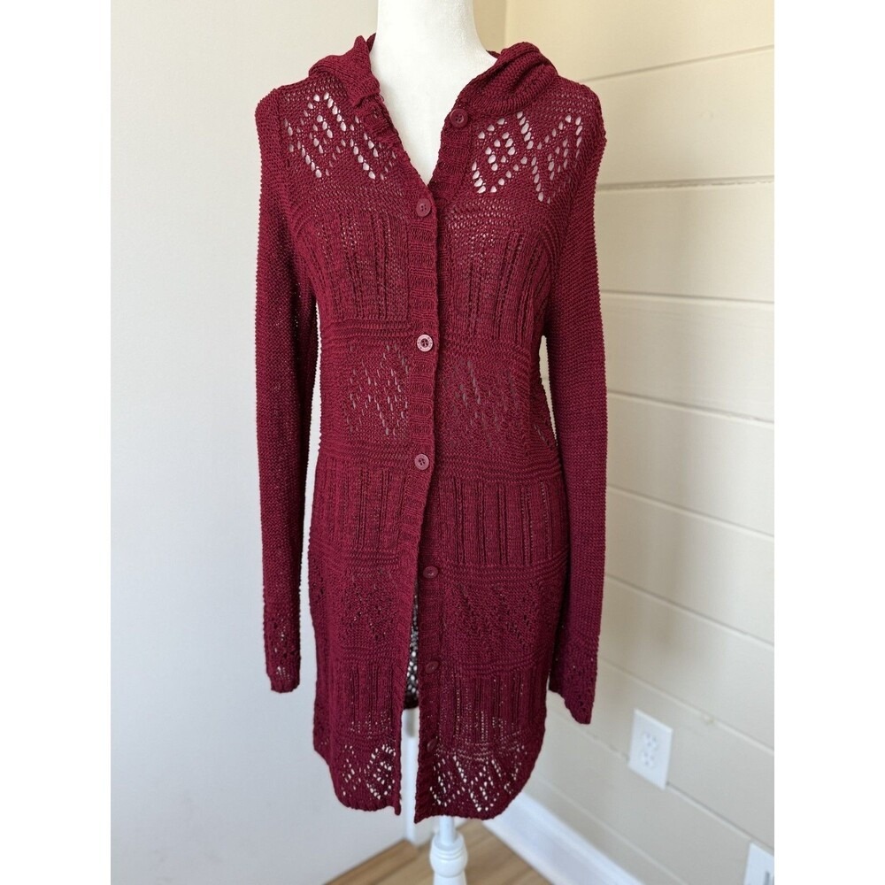 BCBGMAXAZRIA Hooded‎ Long Cardigan Sweater Burgundy Pointelle Knit XL